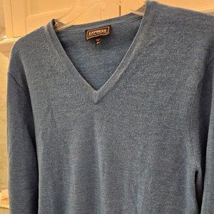Express Blue Mens Extra Fine Merino Wool V-Neck Sweater, Size M